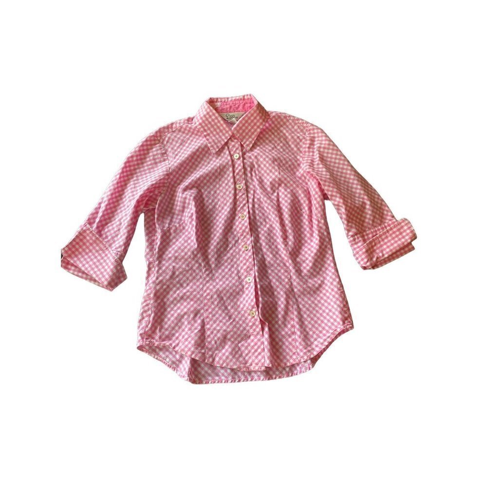 Lilly‎ Pulitzer Pink Checked Gingham 3/4 Sleeve Camp Shirt Size 4